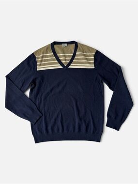 TSE mens L Large navy blue tan stripe v-neck 100% cashmere pullover sweater